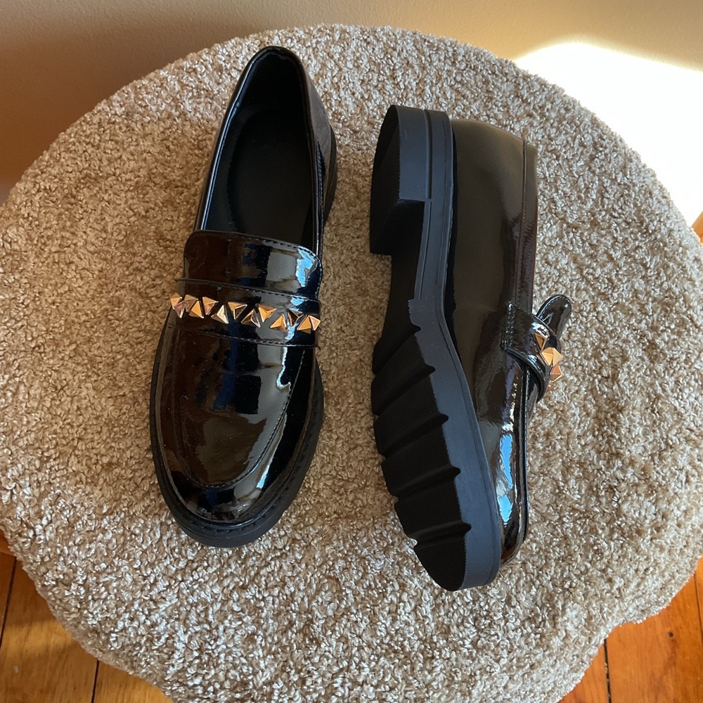 Black Patent Loafers with Gold Stud Accents